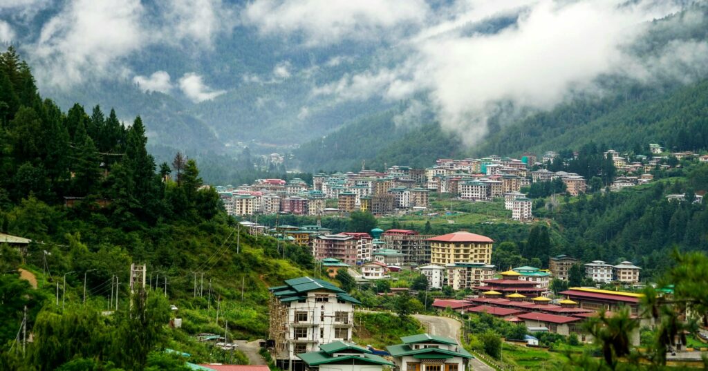 Mid-rise buildings in a balley in Bhutan